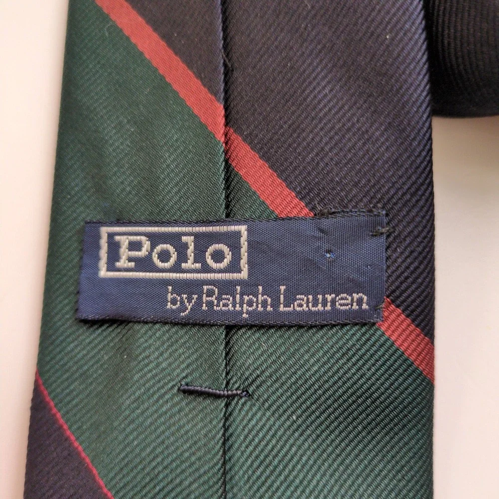 Vtg Polo Ralph Lauren Striped Silk Necktie Navy Green Red Striped Repp Classic